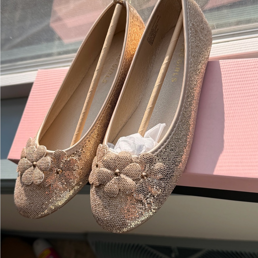 BCBGirls Gold Floral Applique Glitter Ballet Flats